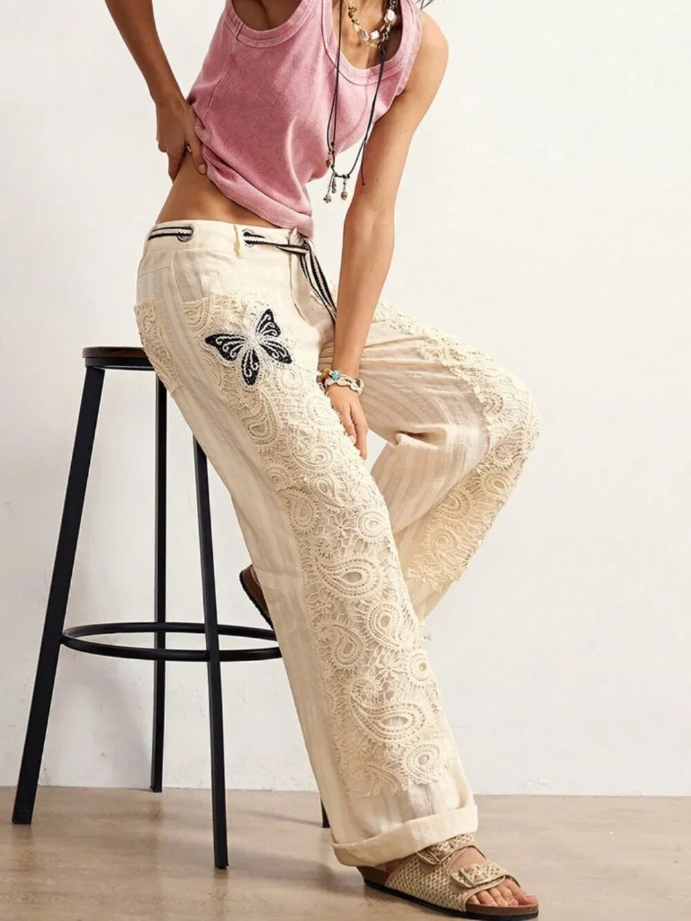 Multicolor Casual Women's Boho Woven Contrast Lace Loose Wide Leg Long Pants